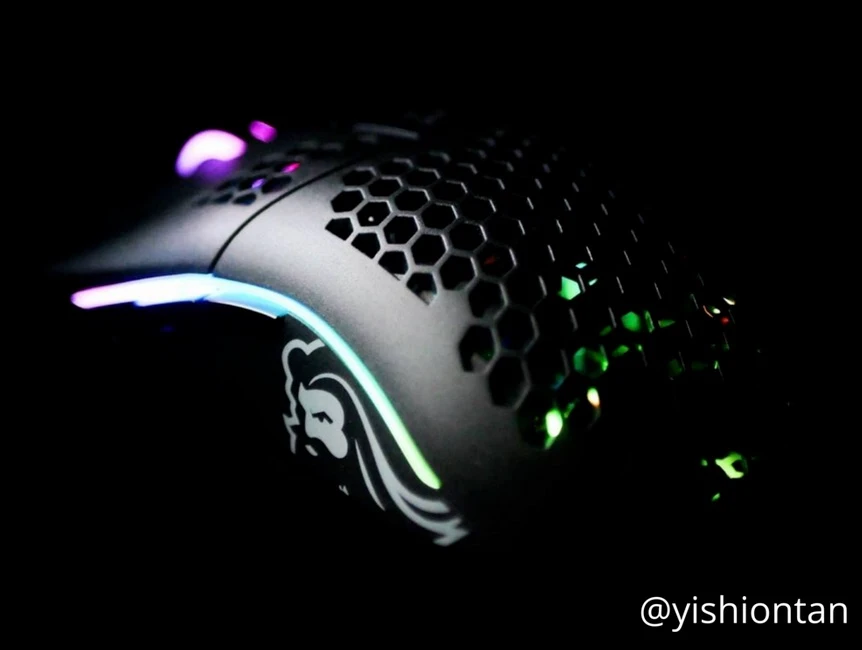 Glorious Model O RGB gaming mouse giveaway featuring its honeycomb shell design and ambidextrous frame