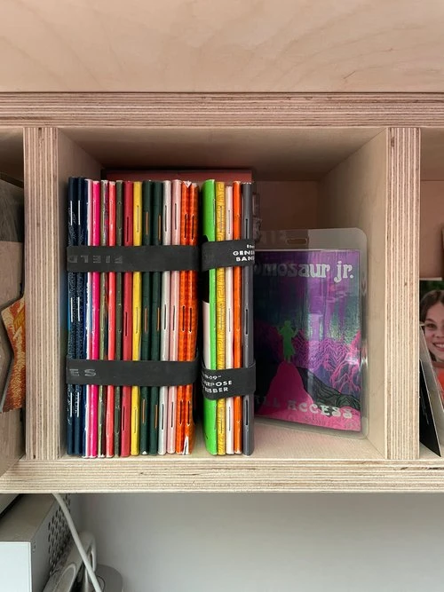 Colorful Field Notes notebooks bundled together on Aaron Draplin's plywood shelf, next to a Dinosaur Jr. album