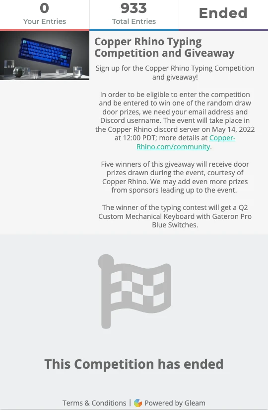 Copper Rhino typing competition winner announcement with prizes including a Keychron Q2 mechanical keyboard